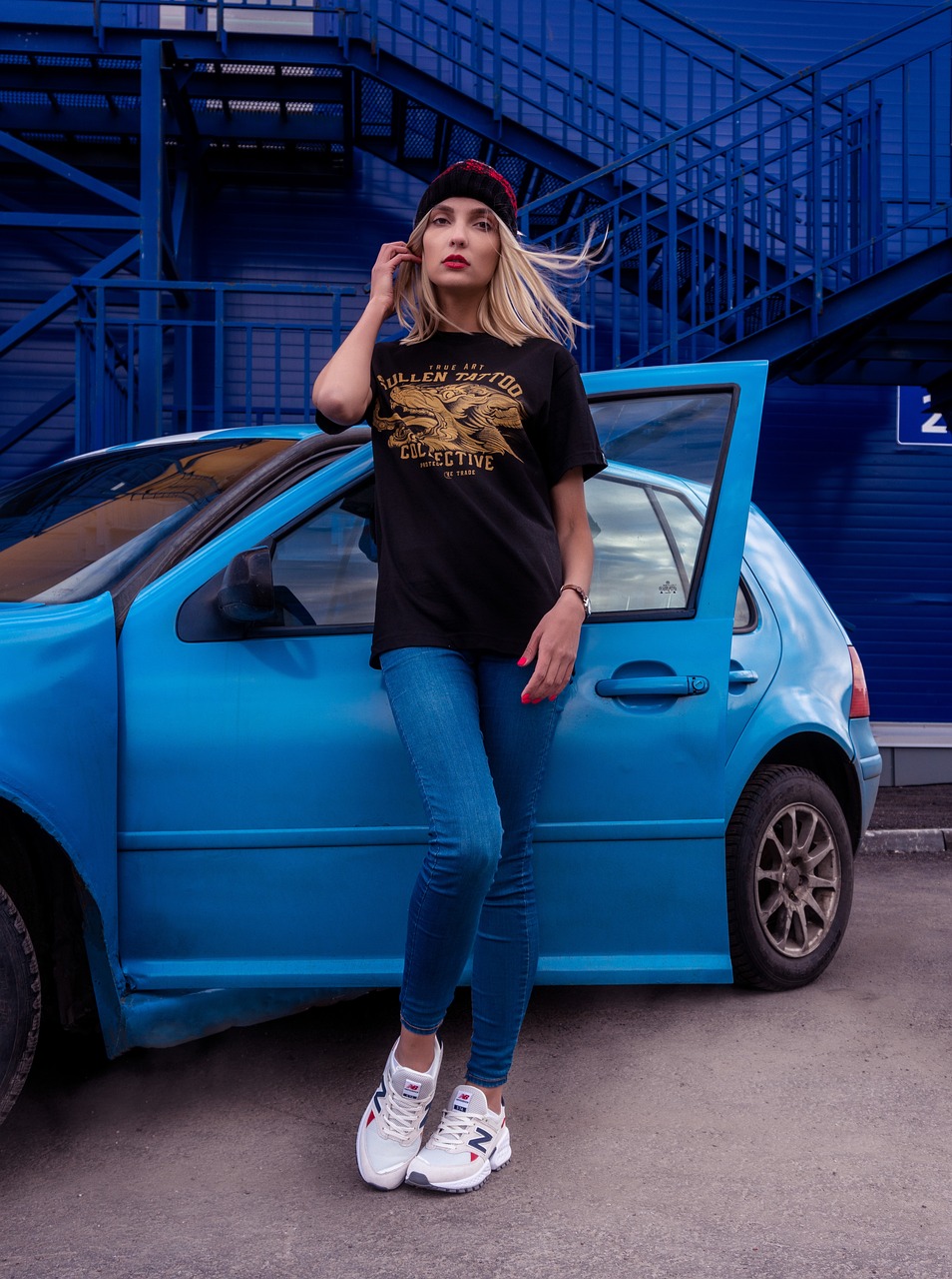 woman, young, model, car, volkswagen, golf, blonde, lady, pose, casual, outfit, car wallpapers, denim